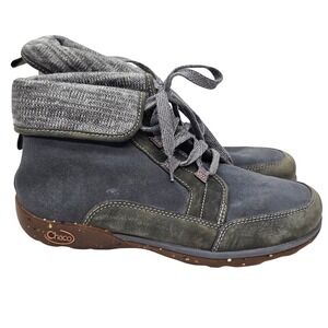 Chaco Barbary Gray/Blue Suede Leather Knit Lace Up Ankle Boot J106392 Womens 9.5